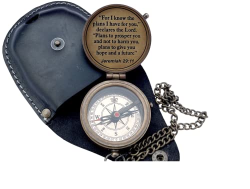 for I Know The Plans I Have for You, Brass Pocket Compass with Leather Case for Hiking Camping Vintage Nautical Compass Antique Engraved Compass Push Pocket Compass Gift for Him & Her