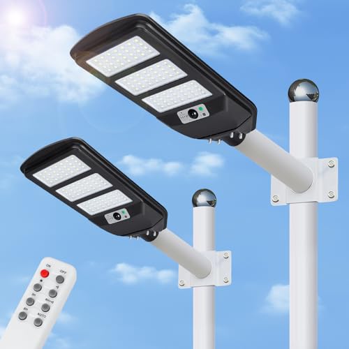 Aigostar - 2Uds 100W Farola solar LED exterior con sensor de movimiento, mando a distancia, 1300LM luz blanca. Foco solar LED potentes con temporizador, impermeable protección IP65. No incluye soporte