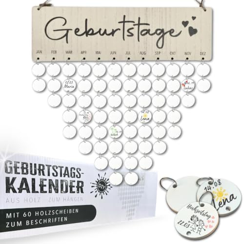 Bada Bing DIY Geburtstagskalender mit 60 Holz Scheiben zum Beschriften - Jahresunabhängiger Familienkalender Dekoration zum Aufhängen Wandkalender Geburtstag mit Holzscheiben Individuell gestaltbar