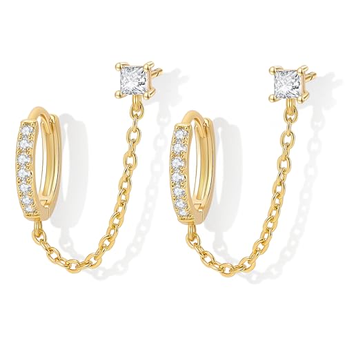 Double Piercing Chain Earrings for Women 18K Gold Plated S925 Sterling Silver Dangle Chain Huggie Hoop Earrings with Cubic Zirconia Stones Simulated CZ Stud Earrings2