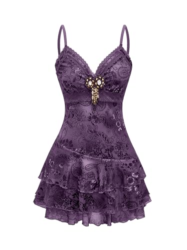 Verdusa Women's Y2k Gothic Dresses Vintage Boho Beaded Ruffle Lace Paisley Print Tiered Mini Dress Purple Small