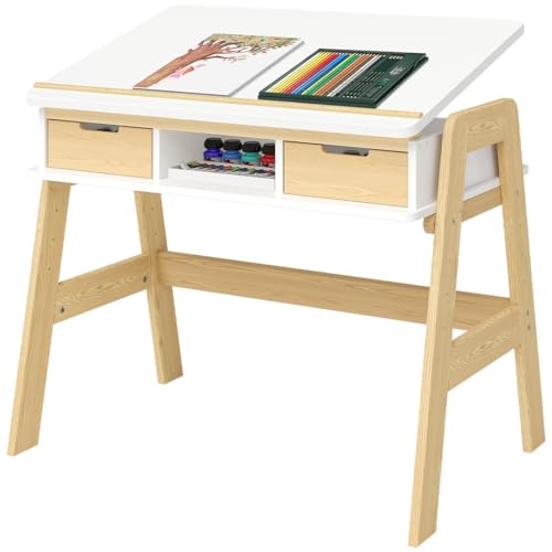 Bellabino Campo Kinderschreibtisch höhenverstellbar 56-75 cm – Schreibtisch Kinder ab 6 Jahren mit neigbarer Tischplatte & 2 Schubladen – Schülerschreibtisch mit viel Stauraum aus Massivholz in Weiß