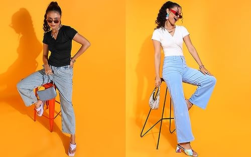 Image of POPWINGS Casual Solid V-Neck Short Sleeves Summer Wear Tops Combo for Women
