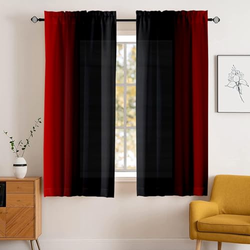 Abstract Ombre Curtains 63 inches Length for Living Room Red and Black Light Filtering Window Curtain Rod Pocket Gradient Vintage Window Drapes for Bedroom Red Curtains 2 Panels 42 inches Wide