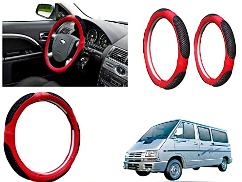 Image of Microfiber Car Steering Wheel Cover, Soft Padding Great Hand Feel, Anti-Slip, Faux Leather Steering Cover for Tata Winger | Black Red Jali - Pack of 1