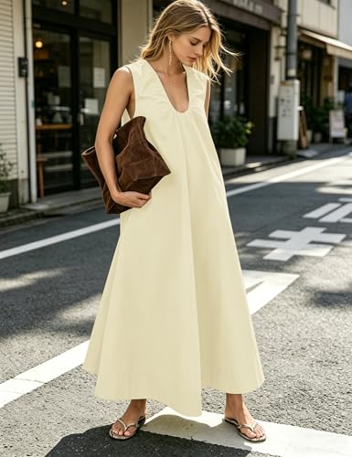 Image of Women Flowy Maxi Dress Ruched Sleeveless Long Dress Vacation Fashion Summer Casual Loose Fit Sundress with Pockets