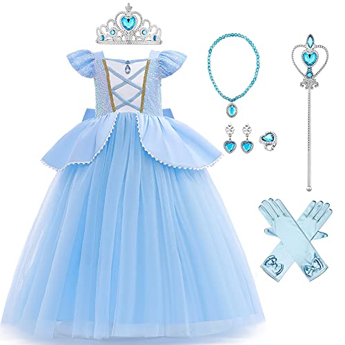 Photo de FYMNSI Filles Cendrillon Robe D?guisement Enfants Cinderella Princesse Costume Halloween Carnaval Cosplay No?l Soir?e C?r?monie Robe de Bal Anniversaire F?te avec Accessoires Bleu 9-10 Ans