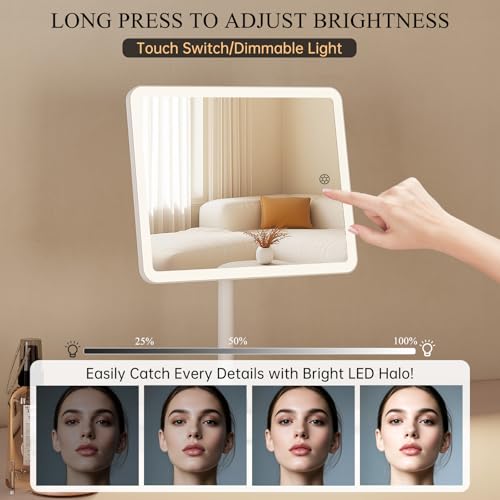 FASCINATE Groß Wiederaufladbar Schminkspiegel mit Beleuchtung, 1fach/10fach Vergrößerungsspiegel, Dimmbarer Tischspiegel mit Licht, 360° Drehbar Kosmetikspiegel mit Beleuchtung (Schneeweiß)