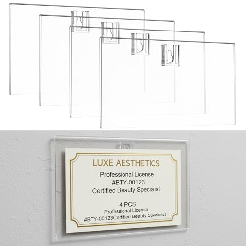Amyhill 4 Pcs Clear Acrylic Business License Frame for Wall Cosmetology License Frame 8.55 x 3.84 x 0.2 Inch with Hanging Buckle Acrylic Display Certificate Holder for Salon Spa Office Business