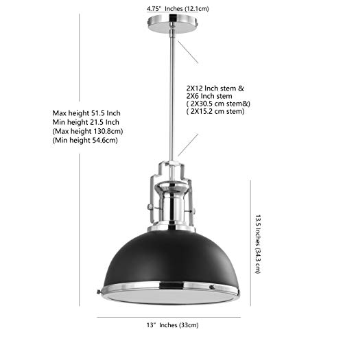 Image of JONATHAN Y Homer Industrial Dome Pendant 13 inch, Black /Chrome | 1-Light, Farmhouse Style, Adjustable Hanging Height, Glass Diffuser, Sloped Ceiling Compatible, Metal, LED Bulb Included