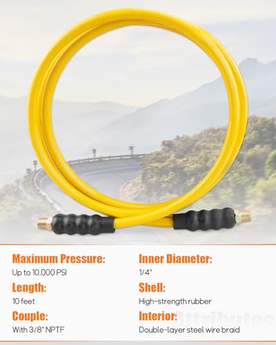 Image of 10' 10000psi High Pressure Hydraulic Hose, CH-604 Coupler 3 /8 Inch NPTF Thread, 1 /4 inch ID x 10 FT(Yellow, 10' 10000psi)