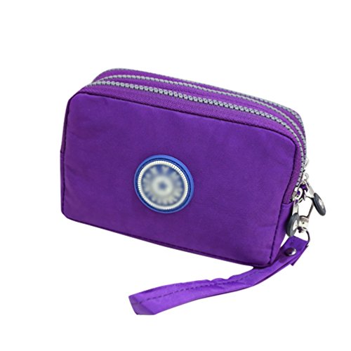 Yuanu Mujer Moda Casual Multicapa Monedero Bolso Cómodo Durable Tres Cremalleras Billetera Morado 15 * 7 * 10cm