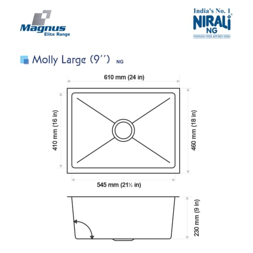 Image of NIRALI Kitchen Sink 24 inch x 18 inch x 9 inch Square 304 Stainless Steel | Single bowl Sink Round Coupling | Rust & Stain Resistant | Matt Finish | Minimizes Sound Molly Square Sink (SS-304)(Molly - 24 inchx18 inchx9 inch)