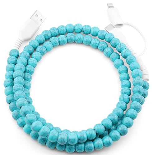 Image of Stylish [Apple MFi Certified] Beaded Phone Charger Cable Metallic Colors USB Cable 2 in1 USB-C Charging Cord for Smartphones 3.3ft (Turquoise)