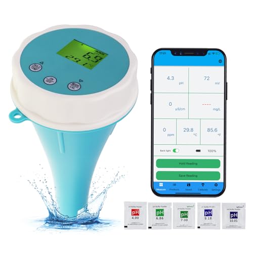 Tester di Acqua per Piscine Bluetooth 6-in-1 EC/Salinità/pH/ORP/Temperatura/Cloro, Misuratore Galleggiante Senza Fili Intelligente per il Monitoraggio delle Piscine e delle Piscine Termali