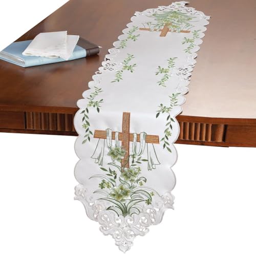 Collections Etc Embroidered Lily and Cross Easter Table Linens Runner