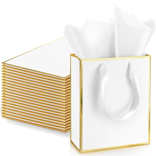 Image of Yeaqee 24 Pack Metallic Paper Gift Bag with Tissue, White Gold | with Satin Ribbon Handle and Tissue, 9x7x3.1 Inch, Suit Business, Birthday, Christmas, Thank You Return Gifts Bags