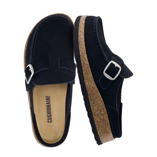 CUSHIONAIRE Hobby Genuine Leather Suede Mule Clogs for Women with Buckle Strap and Cork Footbed, Supportive All-Day Comfort in Womens Shoes, Black 8.5