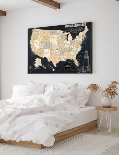 Image of IPIC - USA Map Canvas Painting for Wall Decor, Pinnable World Board to Mark Travels, Oversize World Travel Map Print for Home, Office, Study, and RV, Ready to Hang