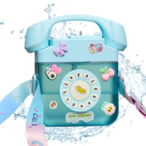 Kids Water Bottle Cute Water Bottle Cartoon Telephone Shape 400ml PC Kids Water Bottle with Strap and Straw Sealed Leakproof Travel Water Bottle, Blue