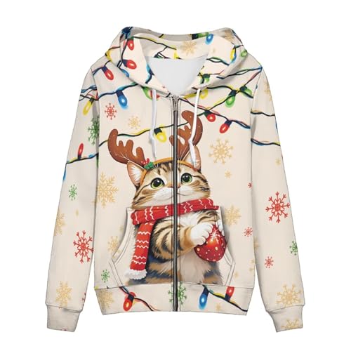 WELLFLYHOM Christmas Cat Full Zip Jacket Women Y2K Hoodie Deer