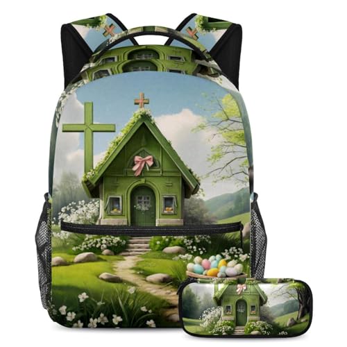 Sac à dos vert de Pâques multicolore avec trousse à crayons pour étudiants