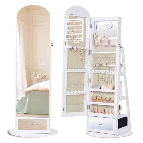 Image of SONGMICS 360 Swivel Jewelry Cabinet, Full-Length Arched Mirror with LED Lights, Magnifying Mirror, Storage Shelves, Drawer, Cloud White UJJC030WB01