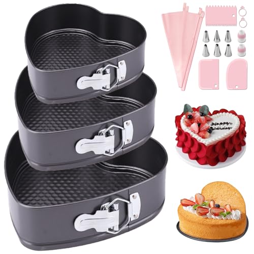 HQILRRA 3Pcs Heart Shaped Cake Tins 20/22/24cm Heart Cake Tin for Baking Springform Baking Tin for Cheesecake Removable Bottom Leak-Proof Unique Design-Reusable