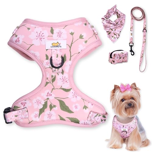 ChimiPets Easy-Walk 4pcs Harness Kit – Soft Mesh, Girl Dog Accessories – Includes Leash, Bandana & Poop-Bag Holder – Pink, Puppy Starter Kit for X-Small and Large Dogs (Yorkie, Dachshund, Shih Tzu)