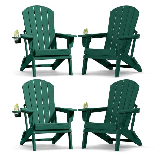 Image of Plawdlik Folding Adirondack Chair, SGS Tested, Wooden Textured with Cup Holder, Heavy All-Weather HDPE Comfortable Set Poolside Backyard Lawn Green Set 4