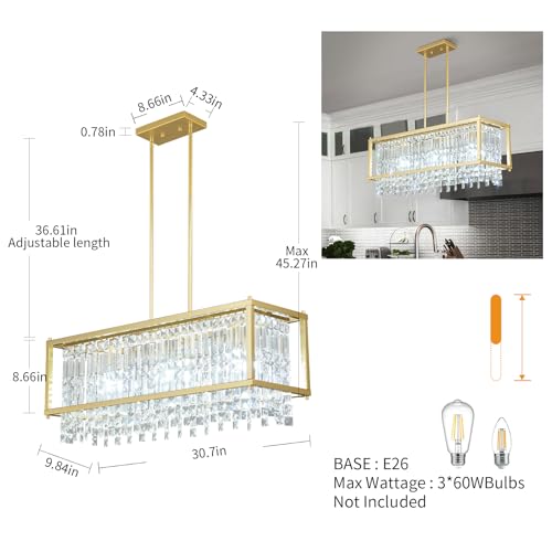 Image of LMQNINE Modern Rectangle Chandelier for Dining Room, Gold Crystal Chandelier Linear Light Fixture, Farmhouse Chandeliers for Kitchen Island, Bar Table, L30.7'' x W9.84'' x H8.66''
