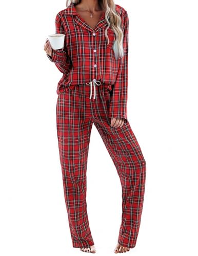 Ekouaer Pajamas Set for Womens 2 Piece Cotton Plaid Pjs Long Sleeve Sleepwear Soft Button Down...