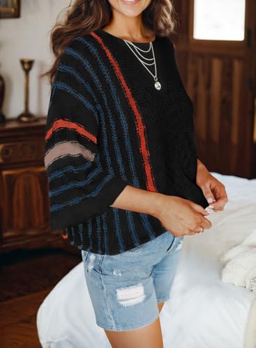 Image of Dokotoo Womens 2026 Spring Summer Casual Crewneck 3 /4 Sleeve Striped Lightweight Knit Trendy Boho Tops Pullover Sweaters