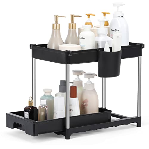 LIANTRAL Estantes debajo del fregadero, 2 pisos Organizador de gabinetes de cocina, organizador de encimera de cocina, estante para especias, estante de baño - Negro Cover