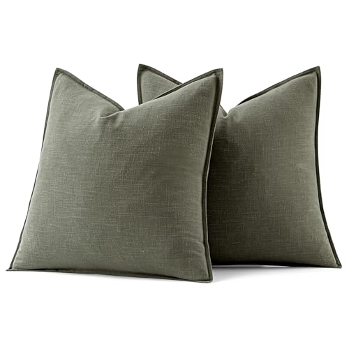 Image of MIULEE Decorative Linen Pillow Covers 20x20 Inch Olive Green Boho Farmhouse Neutral Couch Throw Pillows for Bed Pack of 2 Accent Outdoor Pillowcase Modern Sofa Cushion Livingroom Home Decor