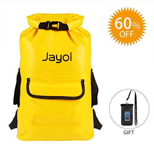 Jayol Wasserdichter Rucksack mit Handyhülle, super leichte Taschen, perfekt für Schwimmen, Bootfahren, Kajakfahren, Angeln, Rafting, Camping und Snowboarden, gelb