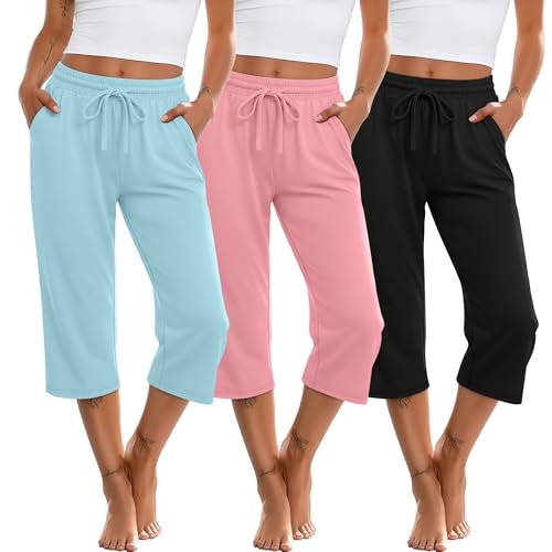 Huukeay 3 Pack Womens Capri Sweatpants Drawstring Lounge Capris Wide Leg Cropped Pants with Pockets Workout Yoga Joggers(XX-Large Blue Black Pink)