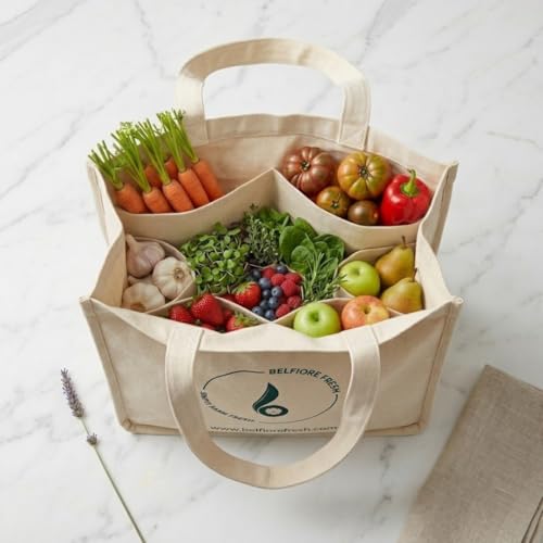Image of Eco Cotton Canvas Grocery Shopping Bag with Compartments | Heavy Duty Reusable Vegetable & Fruit Bag | Reinforced Handles & Thick Bottom | Multipurpose Tote for Milk, Office & Daily Use