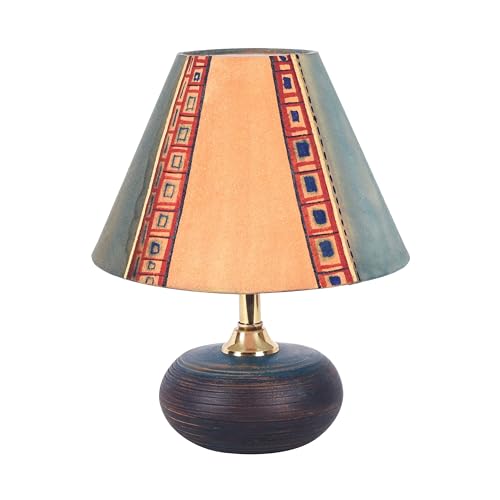 Image of AAKRITI ART CREATIONS Terracotta Table Lamp for Study Room, Bedroom & Living Room Decoration | Abstract Tribal Stripe Pattern Bedside Lamp with Cotton Fabric Shade | Aesthetic Night Lamp