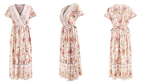 Image of R.Vivimos Women's Summer Short Sleeve Floral Print Bohemian Beach Waist Tie Wrap Long Flowy Dress with Slit
