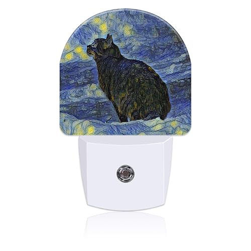 Image of Starry Sky Black Cat Painting Night Light Plug into Wall with Dusk to Dawn Sensor Cute Nightlight for Kid Girls Boys Women Men Room Decor, Hallway, Kitchen, Bathroom, Nursery, Stairs