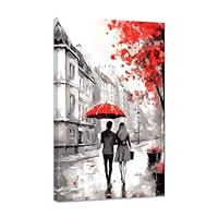 CCWACPP Romantic Couple Wall Art Street Lovers with Red Umbrella Painting Abstract Canvas Prints Paris Artwork For Girls Bedroom Room Wall Decor Framed (C, (50.00 x 75.00 cms))