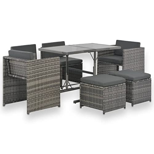 vidaXL Outdoor Essgruppe 7-teilig mit Kissen Terrasse Outdoor Rasen Hof Terrasse Balkon Sitzgelegenheit Essgruppe Möbel Poly Rattan Grau