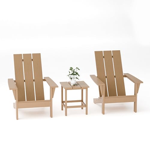 Kullavik Adirondack Chairs Set of 2 with Side Table, HDPE All-Weather Patio Chairs, Outdoor Lawn Chairs for Garden Backyard Porch Pool Deck Firepit, Teak