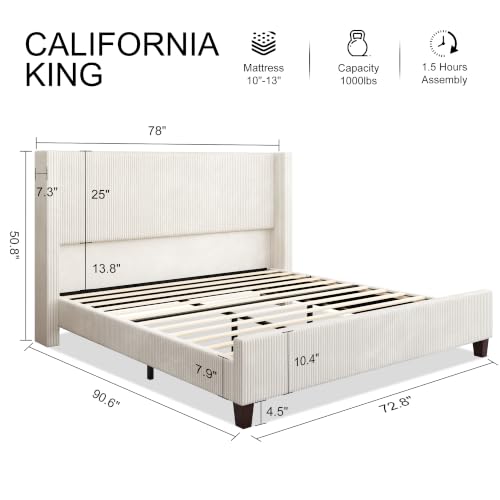 Image of HOWE California King Size Bed Frame with Corduroy Wingback Headboard, Cream | Modern Upholstered Platform Bed, 50.8 Inch Tall Profile, Solid Wood Slats, No Box Spring Needed, Noise-Reducing Designrt