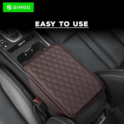 Image of SIAGO Car Armrest Cover Cushion with Storage Bags | Soft Center Console Protector Pad | Non-Slip, Waterproof & Durable | Universal Fit for Cars, SUVs & Trucks (Brown) SIA144
