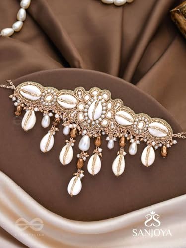 Image of SANJOYA Traditional Cowrie Shell & Pearl Bridal Choker Necklace for Haldi | Gold-Tone Kundan Beaded Indian Ethnic Choker with Crystal & Shell Drops | Mehndi Sangeet Wedding Jewellery for Women & Girls