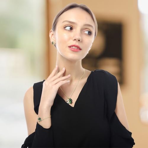Auriselle Femme Ensemble de Bijoux Heureux Trèfle à Quatre Feuilles Strass Boucles D'oreilles Collier Bracelet 3 Pièces Bijoux Femmes avec Zirconium Cubique Cadeaux de Mariage pour Dames, Vert – vue 4