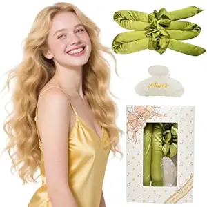 Serenade Satin Heatless Curls Overnight for Long Hair, Heatless Hair curler for Women and Girls, No Heat Curling Rods with Satin Scrunchies and Clip, Green