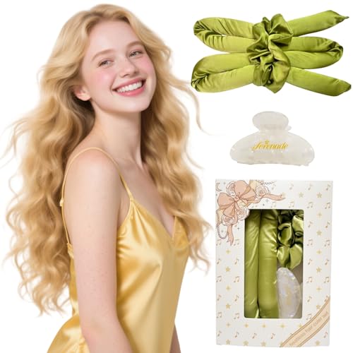 Serenade Satin Heatless Curls Overnight for Long Hair, Heatless Hair curler for Women and Girls, No Heat Curling Rods with Satin Scrunchies and Clip, Green